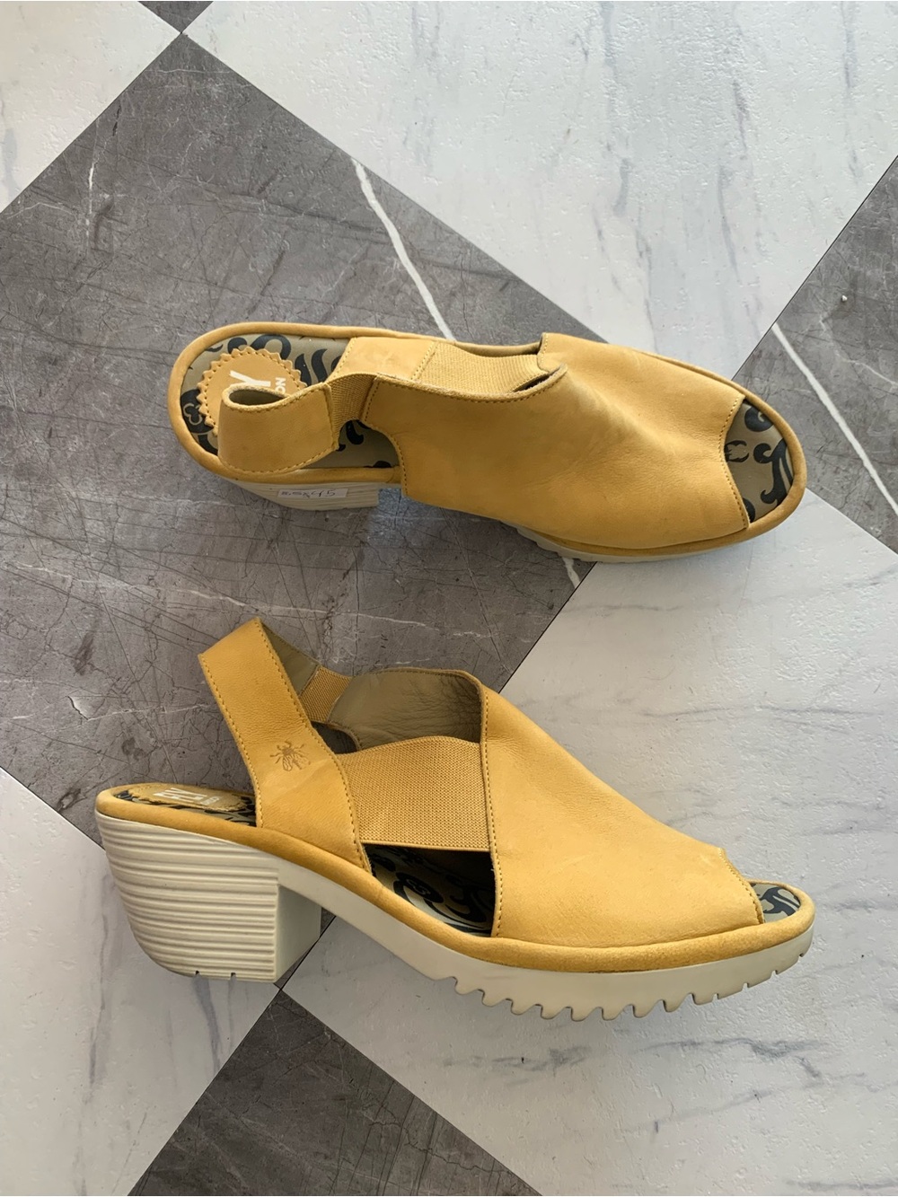 Fly London Mustard Yellow Peep-Toe Slingback Heels